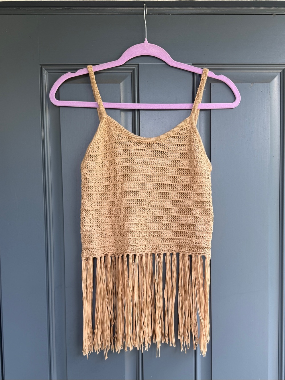 Fringed Crochet Camisole Top - Tan, Size L